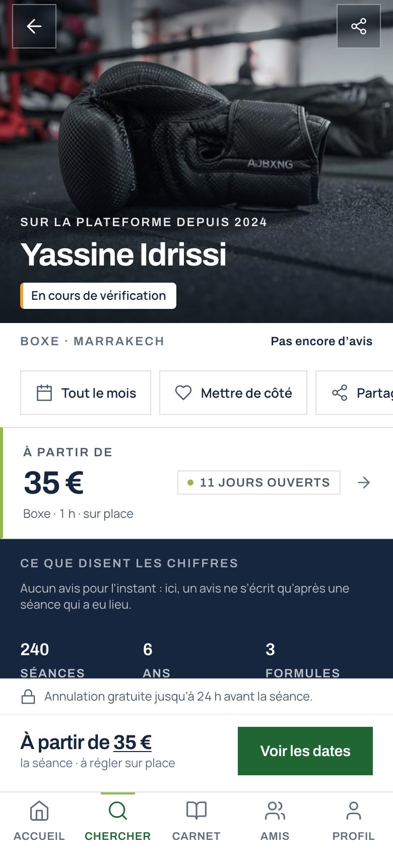 Ses lieux, ses formules au prix total, la semaine de créneaux, l’état de vérification.