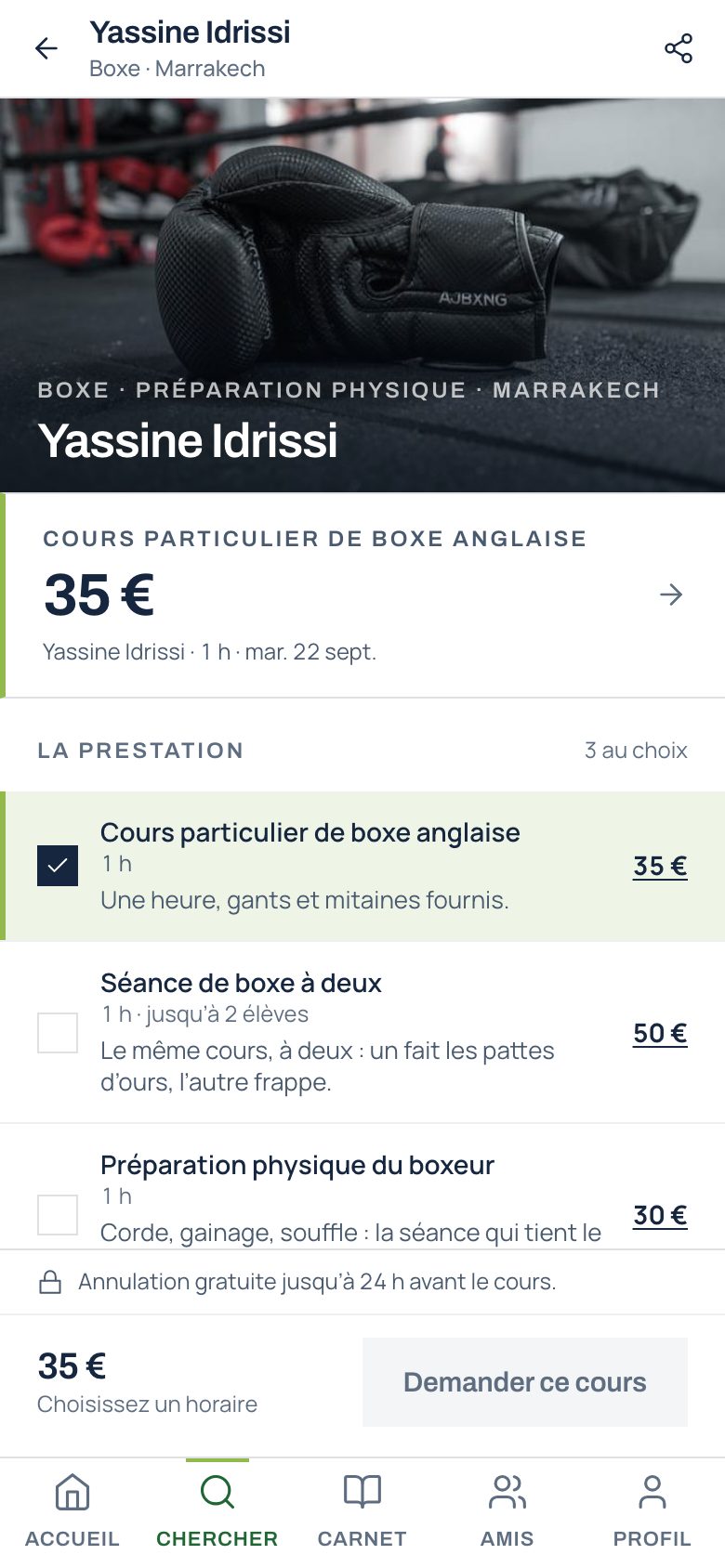 La formule, le total tout compris, le barème d’annulation lisible avant de confirmer.