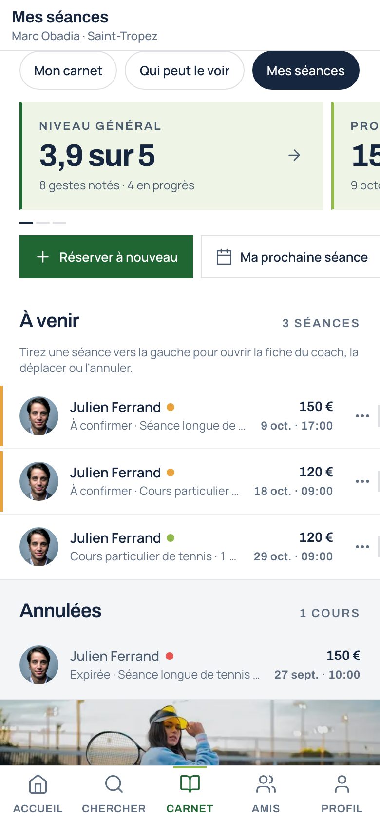 La prochaine séance, le lieu, le lien d’annulation dans le délai, le rappel de la veille.