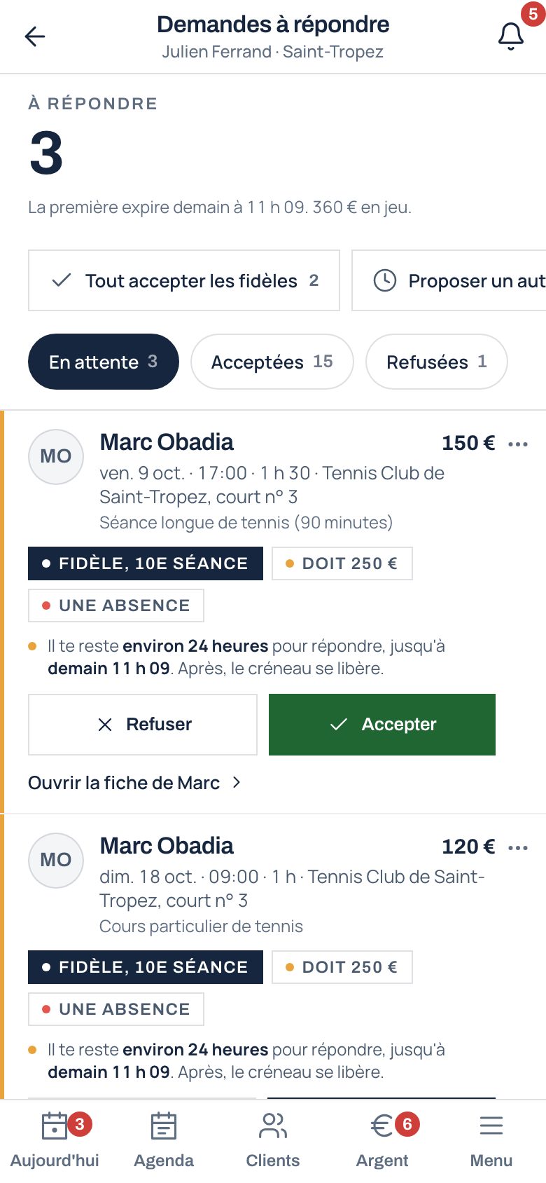 Le client, le sport, le jour, l’heure ; Accepter ou Refuser d’un geste, le délai de réponse en clair.